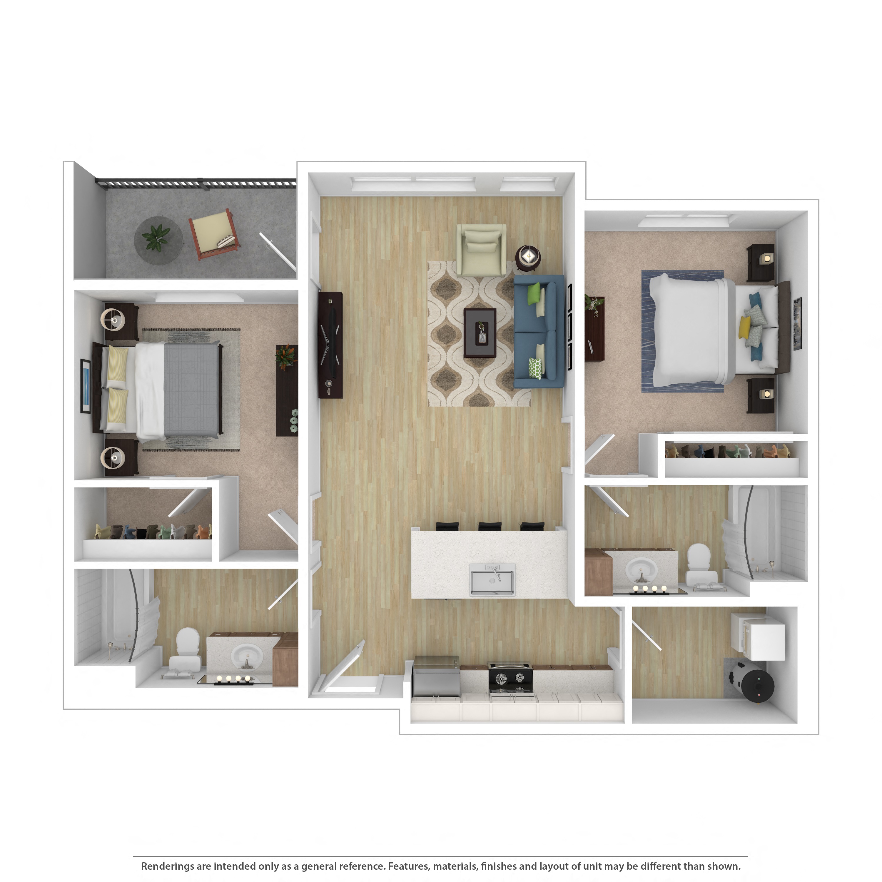 Floor plan for 2 beds, 2 baths, 1024 sqft